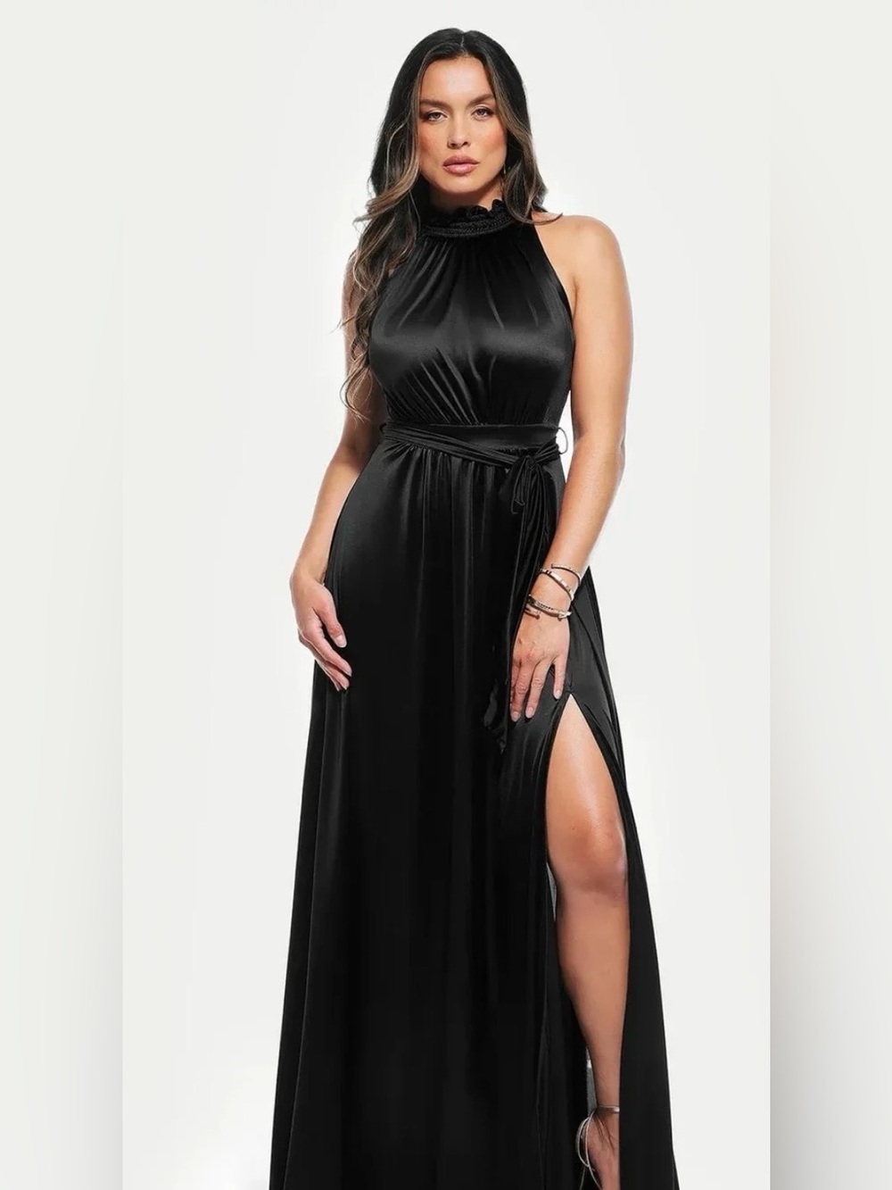 Popilush Draped High Neck Sculpting Black Silk Maxi Dress Size Large
